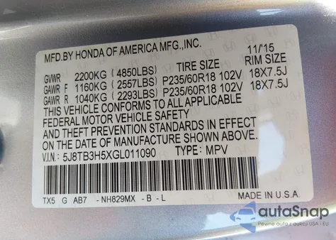 2016 Acura Rdx Technology Acurawatch Plus Packages/Technology Package из США, поврежденный, VIN 5J8TB3H5XGL011090